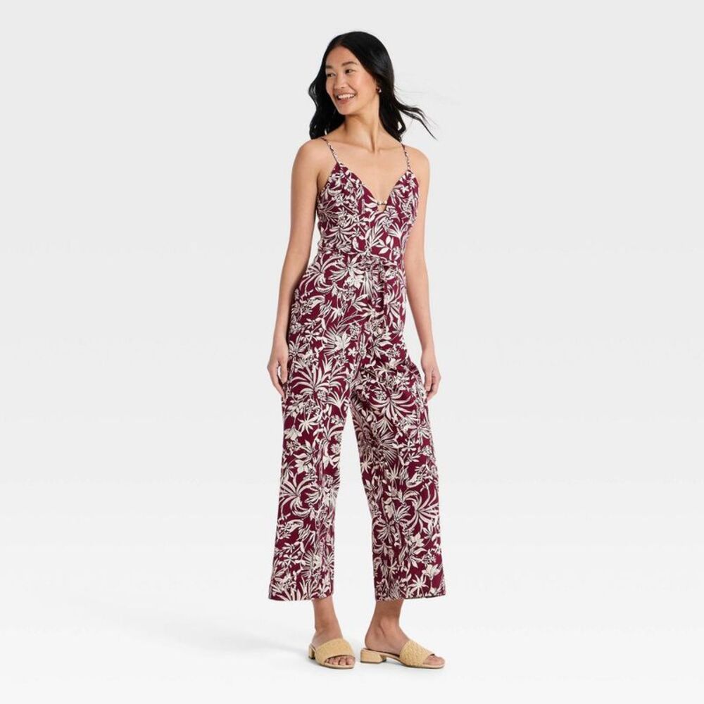 Women's Beaded Linen Jumpsuit - A New Day Burgundy Floral M